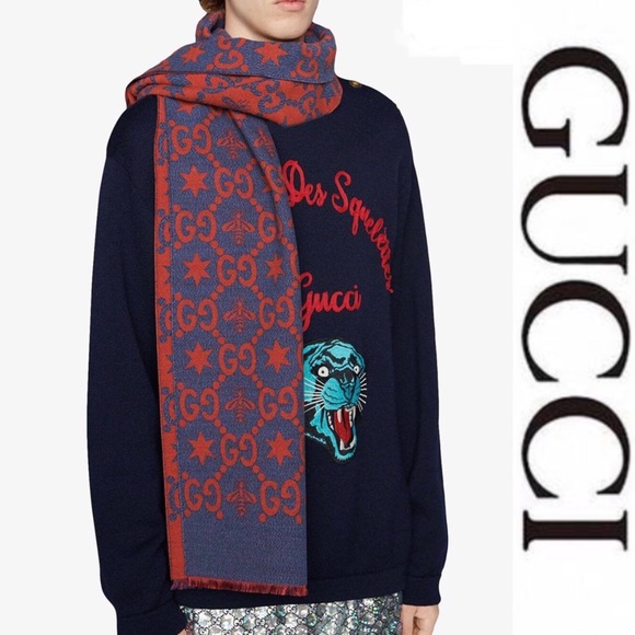 Gucci Wool Silk Jacquard GG Monogram Bees Stars Scarf*NWT - Picture 1 of 8